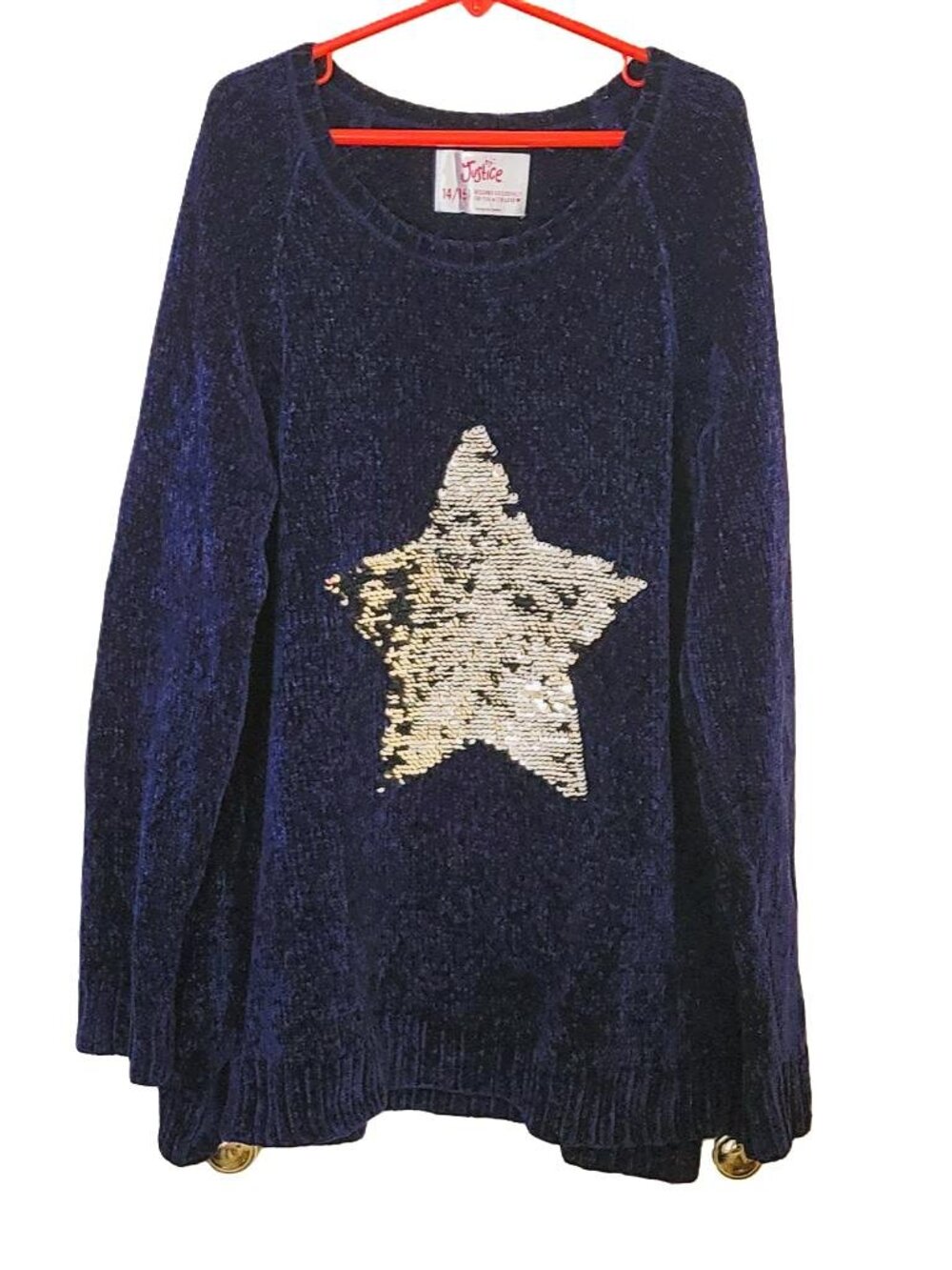 Justice Girls Flip Sequin Chenille Sweater Navy Blue Size 14/16 - Picture 2 of 9
